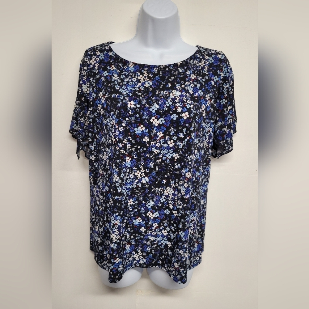 Tahari Split Sleeve Slinky Stretch Top Blue Floral Excellent Condition M